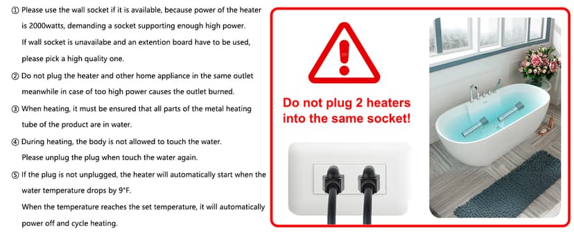 2000W Pool Heater for Inflatable Above Ground Swimming Pool, Immersion Water Heater for Bathtub Automatic Power Off, Submersible Electric Water Heater, Portable Bucket Heater with 304 Stainless Guard