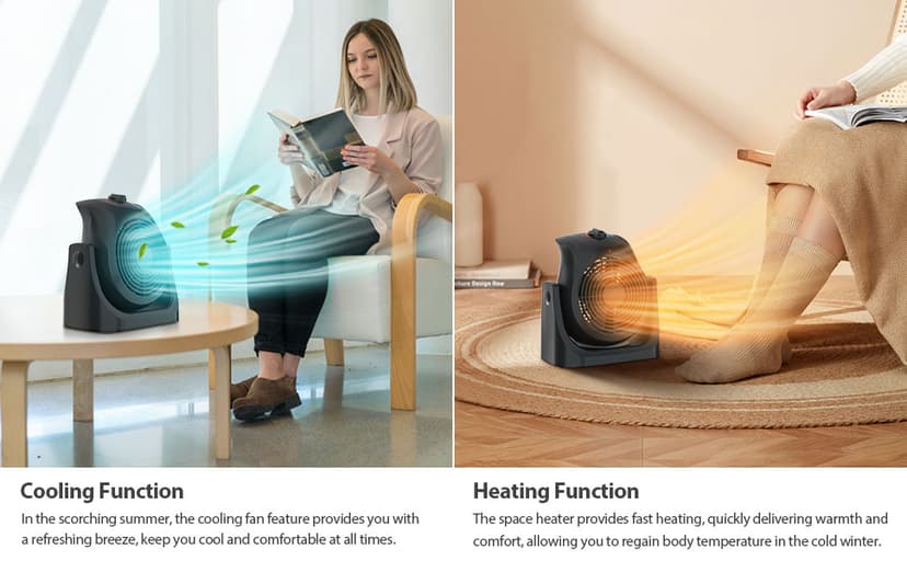LifePlus 2 in 1 Heater Fan Combo, Portable Cooling Desk Fan, Air Circulator Fan 45° Tilt, 2 Wind Speeds, 1500W Overheat Protection Personal Small Floor for Home Office Black