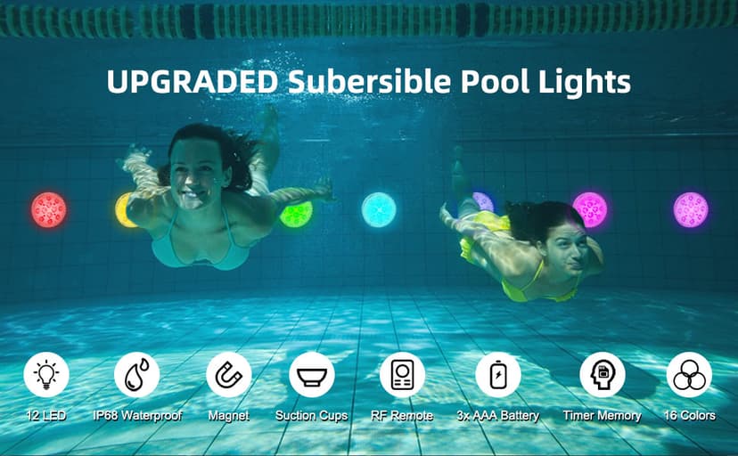 Submersible Pool LED Light, Underwater Light, 16 RGB Color Changing, RF Remote,Magnetic/Suction Cup/Battery, IP68 Waterproof Pool Lights for Pond/Bathtub/Shower/Hot Tub/Spa