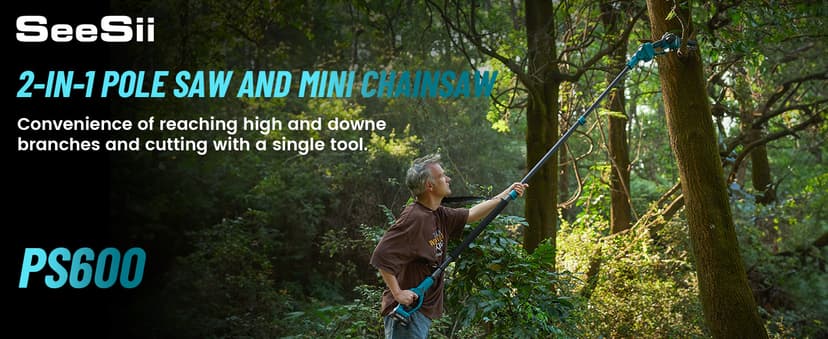 Seesii PS600 2-in-1 Electric Pole Saws for Tree Trimming, 6 Inch Mini Chainsaw Cordless with Extension Pole, Battery Powered Pole Chain Saw, Tree Trimmer Limb Branch Cutter Pruner with 2 Battery