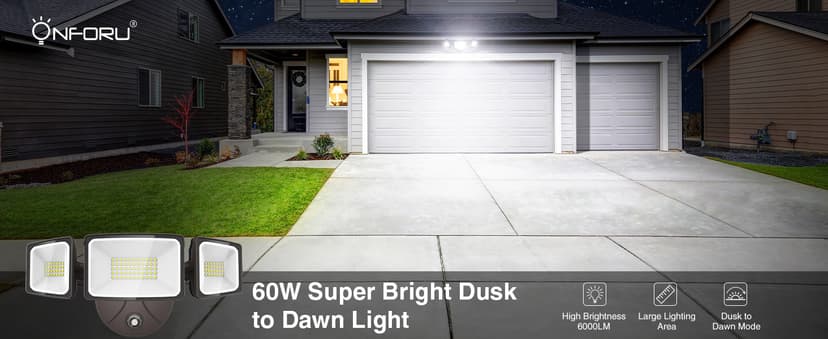 Onforu 60W LED Dusk to Dawn Outdoor Lighting, 6000LM Exterior Flood Light, IP65 Waterproof Outdoor 3 Adjustable Heads Photocell Security Lights Fixture, 6500K Floodlights for Garage, Patio, Yard