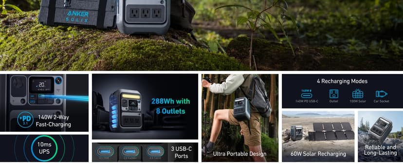 Anker SOLIX C300 Portable Power Station, Outdoor 288Wh LiFePO4 Battery, 300W (600W Surge) Solar Generator, 140W Two-Way Fast Charging, for Camping, Traveling, and Emergencies (with 60W Solar Panel)
