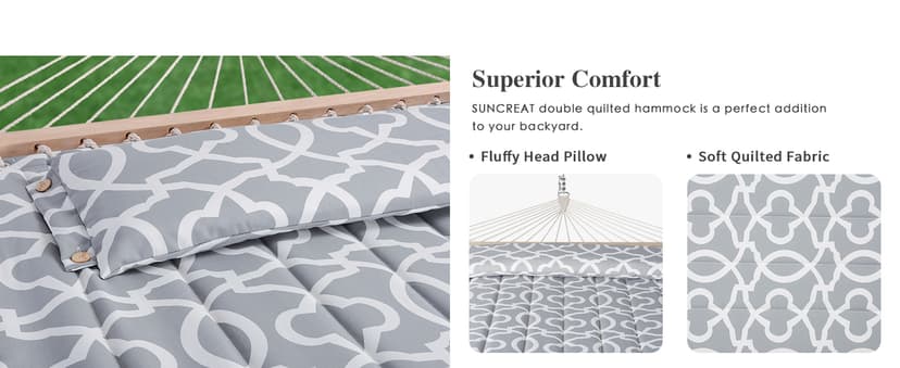 SUNCREAT Double Quilted Hammock with Hardwood Spreader Bar, Extra Large Soft Pillow, Heavy Duty 2 Person Hammock for Indoor, Outdoor, Grey Pattern