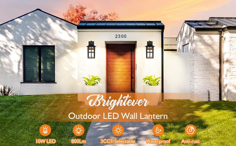 Brightever LED Outdoor Wall Lights, 10W 3000K/4000K/6500K Selectable, 800LM High Brightness Black Exterior Light Fixture with Clear Glass Shade, Waterproof Outdoor Wall Lanterns for Patio, 1 Pack