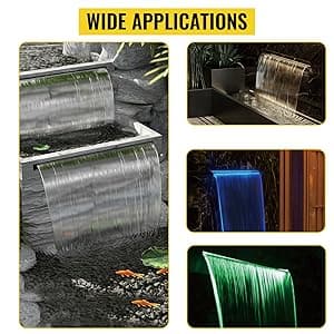 VEVOR Pool Fountain Stainless Steel, Pool Waterfall 23.6" x 4.5" x 3.1"(W x D x H) with LED Strip Light, Waterfall Spillway Rectangular Garden Outdoor