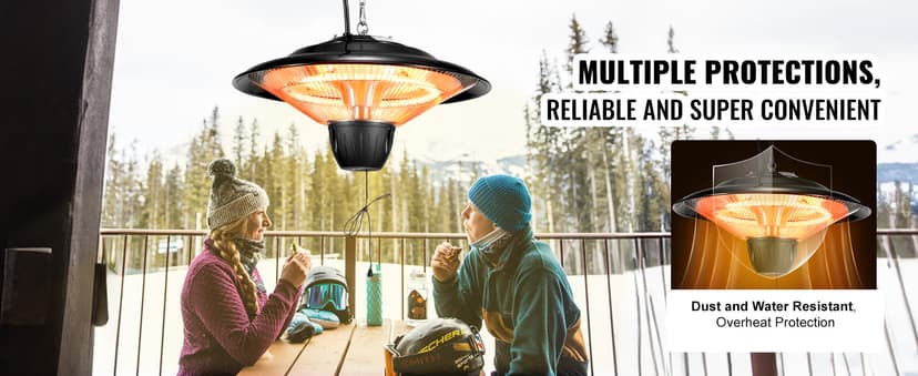 VEVOR Hanging Patio Heater, 1500W Outdoor/Indoor Electric Space Infrared Heater, IP34 Protection Ceiling Heater with 23.6 inch Pull Cord & 20 inch Adjustable Chain, for Porch,Patio,Dining Room,Studio