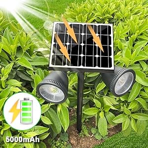 Solar Spotlight Outdoor Upgraded, Stay On All Night, 5000mAh LED Security Light Solar Powered, Exclusive Optical Solar Projector Light Auto On/Off Waterproof for Flag/Yard/House/Garden 2-Pack
