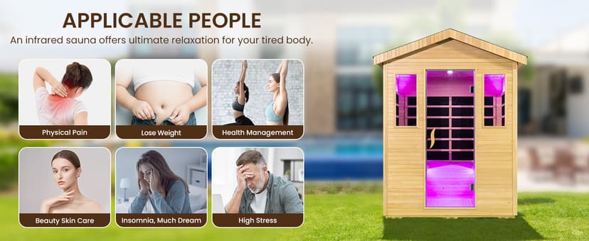 3300W 30A 110V Outdoor Wooden Low EMF Far Infrared Sauna with Bluetooth Speakers, LED Lamp, LCD Control Panel, Tempered Glass Door, 7 Colors Lighting 4 Person, 84.24"x66.6"x51.24"