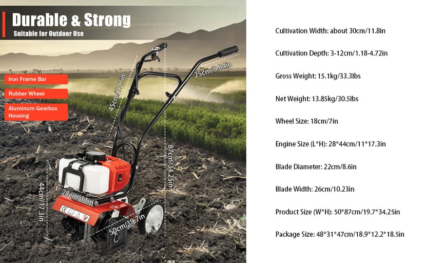 Garden Tiller Cultivator,52CC 2-Stroke Gas Powered Engine Rototiller Garden Tool with Widened Mud Flap Cordless with Long Handle Strong Power Garden Cultivator for Plowing Turning Soil Ditching