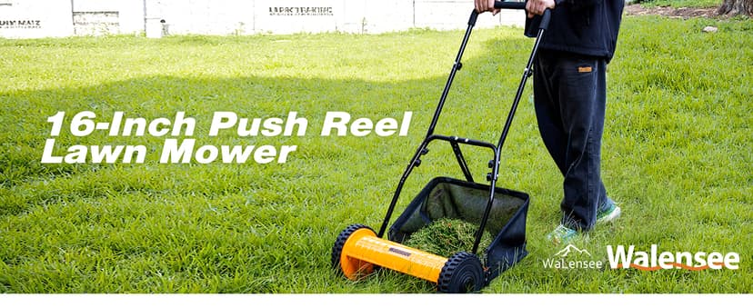 Walensee 16-Inch 5-Blade Push Reel Lawn Mower, Cordless Manual Reel Lawn Mower Walk-Behind Steel Lawn Mowers with Removable 7.9-Gallon Grass Catcher, Sponge Grip, 4-Position Cutting Height Adjustment