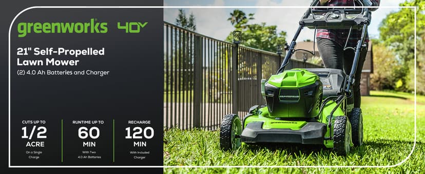 Greenworks 40V 21" Brushless Cordless (Smart Pace / Self-Propelled) Lawn Mower (75+ Compatible Tools), (2) 4.0Ah Batteries and Charger Included
