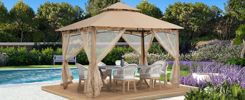 ABCCANOPY Gazebos for Patios 10x10 - Outdoor Steel Frame Gazebo with Mosquito Netting for Lawn Backyard Garden Deck (Khaki)