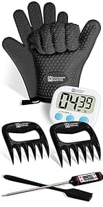 Meat Claws and Smoker Gloves | No.1 Extreme Heat Resistant BBQ Grill Gloves | Non-Slip Waterproof Silicone Oven Mitts | Pulled Pork Claws | Thermometer | Barbecue, Grilling, Smoking, Shredding (Black)