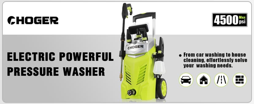 Electric Pressure Washer, 4500PSI 2.7GPM Electric Power Washer with Foam Cannon, 4 Nozzles, 35FT Power Cord, 25FT Hose, Turbo, Dirty Cut, Brush, Pressure Washer for Cars