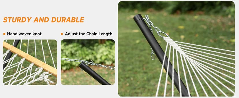 Double Hammock with Stand, 2 Person Cotton Rope Hammock with Removable Polyester Pad, 500LBS Capacity, Portable & Adjustable Design, Includes Storage Bag, Indoor Outdoor Use,White-Gray