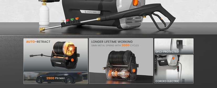Giraffe Tools Grandfalls Pressure Washer, Max 2900 PSI, 2.2 GPM Electric Wall Mounted Power Washer with 100ft Retractable Pressure Hose, Foam Cannon, 4-Nozzles for Car/Driveways/Patios, Light Silver