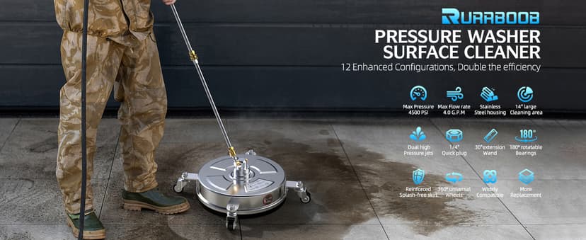 14" Pressure Washer Surface Cleaner 4500 PSI with 304 Industrial-Grade Stainless Steel Housing,1/4” Quick Plug, 4 Universal Wheels, 2 x 15 Extended Wands, 2 Replacement Nozzles, 4 Spray Nozzle Tips