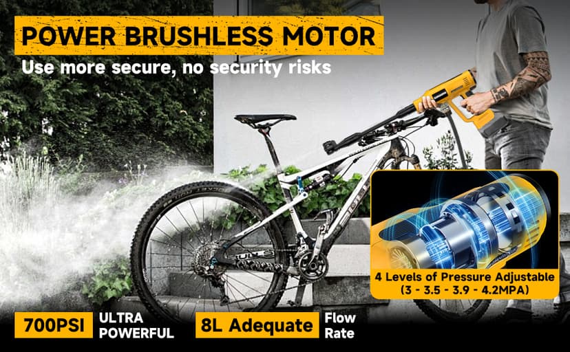 Cordless Pressure Washer for Dewalt 20V Battery 700 PSI Portable Handheld Power Washer with 6-in-1 Nozzle Foam Cannon for Car Floor Fence Wall Cleaning (Battery Not Included)