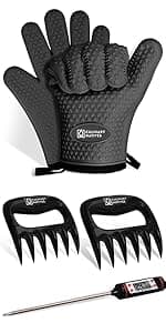 Meat Claws and Smoker Gloves | No.1 Extreme Heat Resistant BBQ Grill Gloves | Non-Slip Waterproof Silicone Oven Mitts | Pulled Pork Claws | Thermometer | Barbecue, Grilling, Smoking, Shredding (Black)