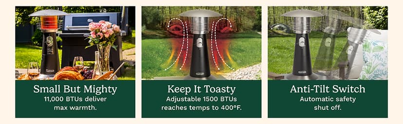 Cuisinart COH-500 Portable Tabletop Patio, 11,000 BTU Outdoor Propane Heater with Safety Tilt Switch and Burner Screen Guard, 100 sq. Foot Heat Range, Black