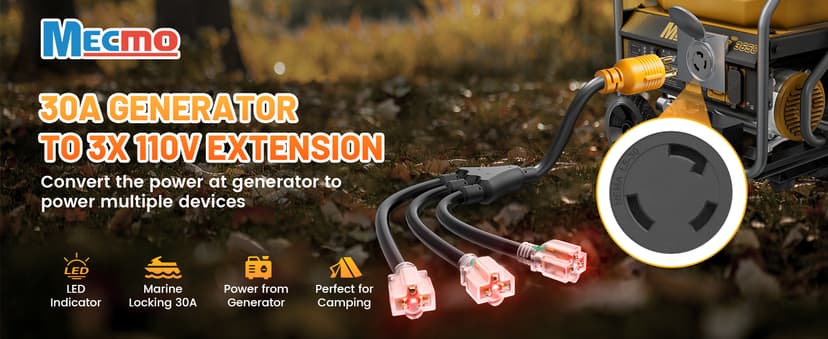 MECMO Shore Power NEMA L5-30P to 3X 5-15R/5-20R RV Generator Adapter Marine 30 Amp to 110 15 Amp Household Regular Connector, 30A 3 Prong Locking Generator Male L5-30P to 5-15R 5-20R 3-Way Female