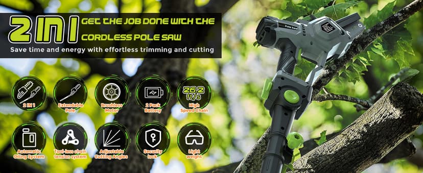 2-in-1 Cordless Pole Saw (2025 Upgraded), 7 Inch Brushless Mini Chainsaw with Extension Pole, Pole Saws for Tree Trimming Battery Powered with 2x 20V 4000 mAh Battery, 16ft Reach Electric Pole Saw