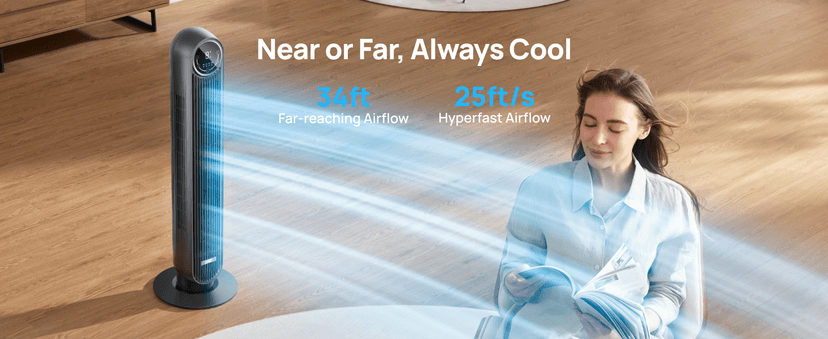 Dreo Tower Fan for Bedroom, 25ft/s Velocity 28dB Quiet Floor Fan, 90° Oscillating Fans for Indoors with 4 Speeds, 4 Modes, 8H Timer, Bladeless Standing Fan, Black, Nomad One (DR-HTF007)