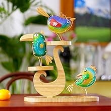 Funny Metal & Glass Bird Decor Set of 3 - Unique Colorful Indoor & Outdoor Garden Statues Whimsical Lawn Decorations Handmade Bird Sculptures Garden Decor for Outside
