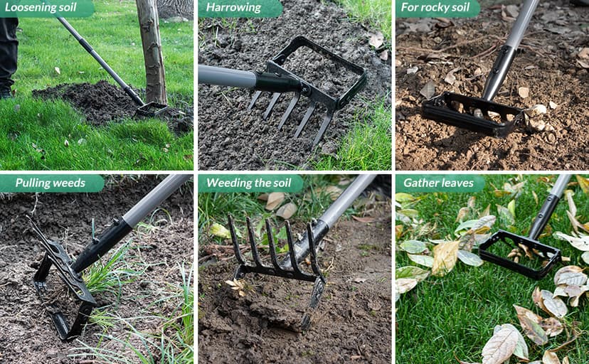 Suchtale 82 Inch Stirrup Hoe and 5-Tines Rake, Action Hoe for Weeding, 2 in 1 Scuffle Hoe with 37-82"Adjustable Handle, Hula Hoe Cultivator for Loosening Soil, Loop Hoe for Garden Weeding and Planting