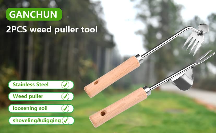 Hand Weeder Tool, Stainless Steel 2 Pcs Weeder Tool for Garden and Farm,Weeding Tool for Gardening,Garden Weeder, Weed Pulling Tool, Weed Puller Tool(Wooden Handle)…