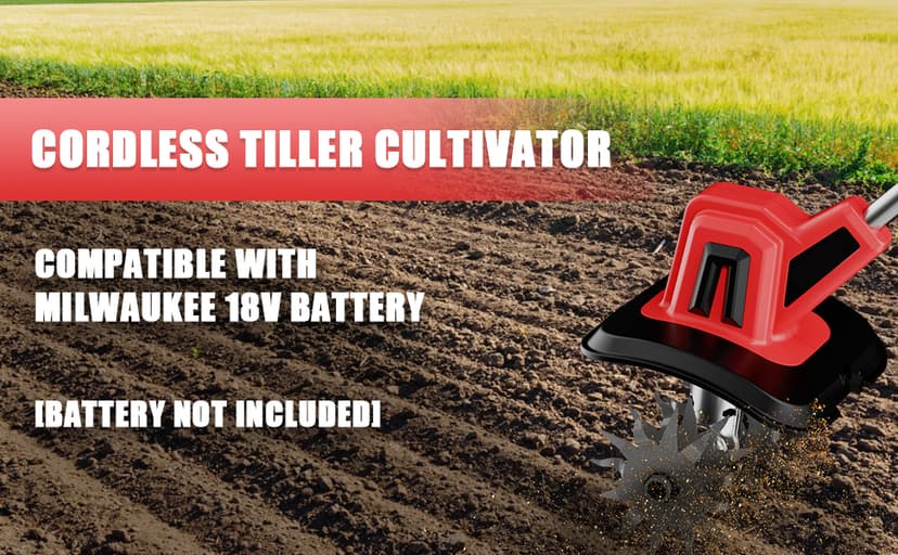 MaxMore Cordless Tiller Cultivator Compatible with Milwaukee 18V Battery (Tool Only), Electric Garden Rototiller with 48 Steel Tines, 8.7" Tilling Width, 6.3" Depth for Gardening, Soil Turning