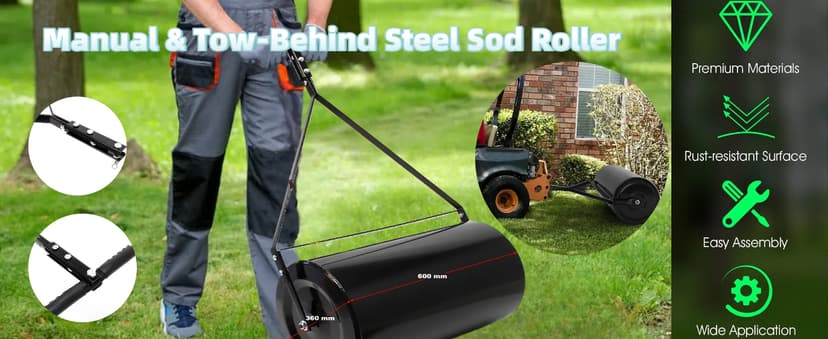 Lawn Roller,Combination Push/Tow Poly Lawn Roller with Easy Turn Tethered Plug,Durable Iron Garden Lawn Roller, 14 by 24", for Lawn and Garden Tractors (60L/16 Gallon)