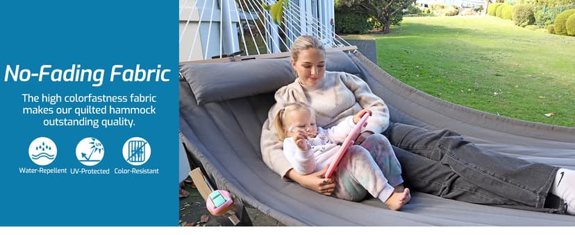 Double Quilted Fabric Hammock with Hardwood Spreader Bars and Pillow 450 LBS Capacity 2 Person Hammock Large Hammock for Outdoor Patio Backyard Poolside - Green