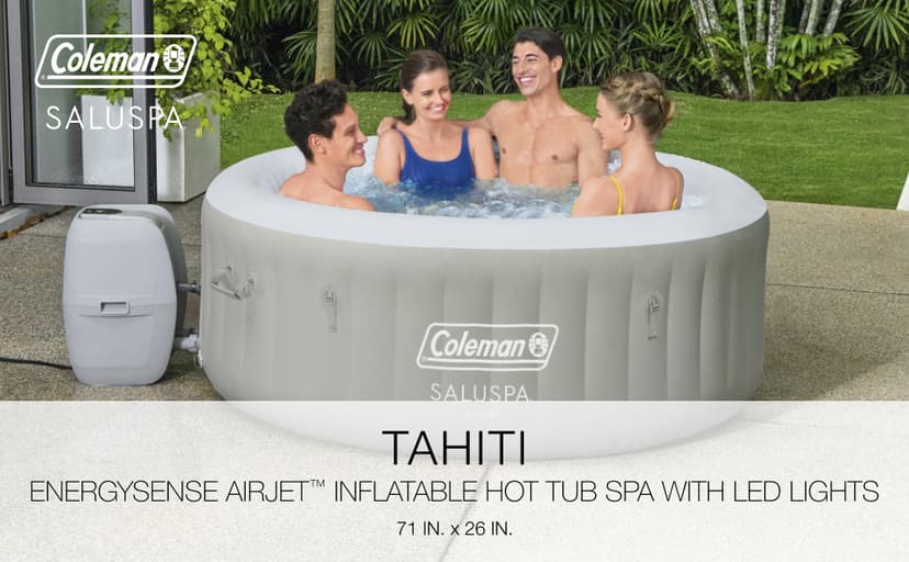Coleman Tahiti EnergySense AirJet Inflatable Hot Tub Spa (71" x 26") | Portable Hot Tub with 2 Covers (1 Energy-Efficient Thermal Cover and 1 Standard Cover) | Fits Up to 2-4 Persons | Grey