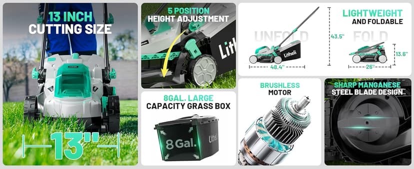 Litheli Cordless Lawn Mower 13 Inch, 5 Heights, 20V Electric Lawn Mowers for Garden, Yard and Farm, with Brushless Motor, 4.0Ah Battery & Charger Included