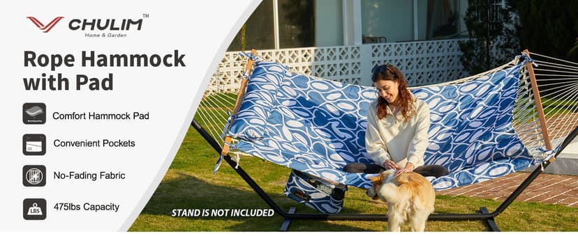 Outdoor Double Hammock with Hardwood Spreader Bars, Cotton Rope Hammock with Polyester Pad and Pillow, 475 LBS Capacity 2 Person Hammock, Large Hammock for Patio Backyard Poolside - Terracotta