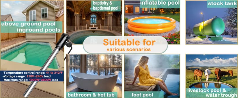 1800W Titanium Portable Fully Submersible Electric Pool And Hot Tub Immersion Water Heater - Gfci Plug, Thermostat For Bathtub, Inflatable, Swimming Above Ground Pools,Baptistry, Baptismal Pool