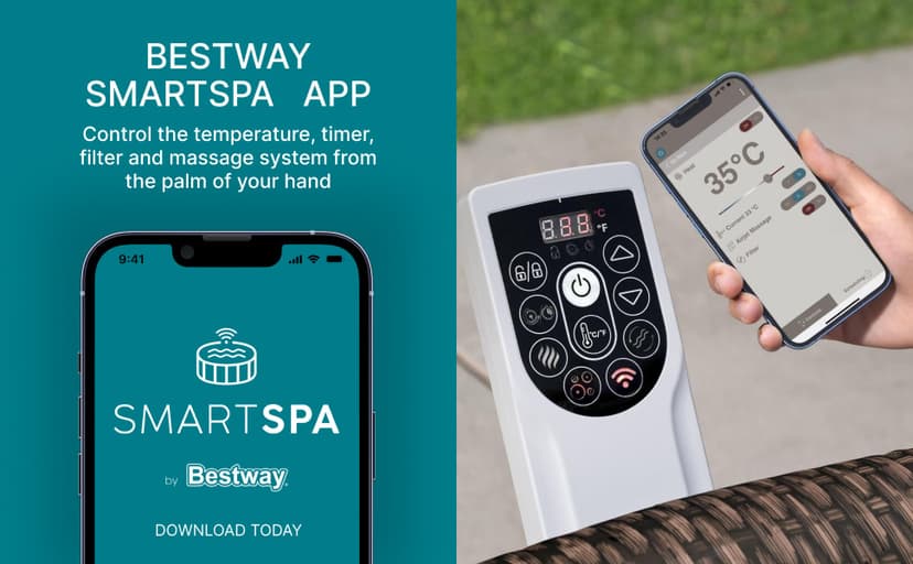 Bestway SaluSpa Bali Smart AirJet Inflatable Hot Tub Round Portable 5-7 Person Spa with 180 AirJets, App Control and EnergySense Cover, Brown Rattan