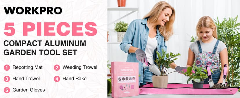 WORKPRO 5PCS Garden Tool Set, Powder Coating Compact Aluminum Gardening Tool Set with Repotting Mat, Outdoor Garden Hand Tools, Ideal Gardening Gift, Pink