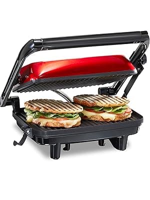 Hamilton Beach Panini Press Sandwich Maker & Electric Indoor Grill with Locking Lid, Opens 180 Degrees for any Thickness for Quesadillas, Burgers & More, Nonstick 8" x 10" Grids, Red (25462Z)