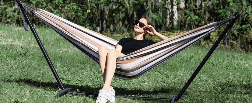 PNAEUT Double Rope Hammock with Stand Included, 12ft Heavy Duty Stand, 2 Person Traditional Cotton Rope Hammocks with Pillow for Outside Porch Patio Backyard Outdoor, Max 475lbs Capacity (Burlywood)