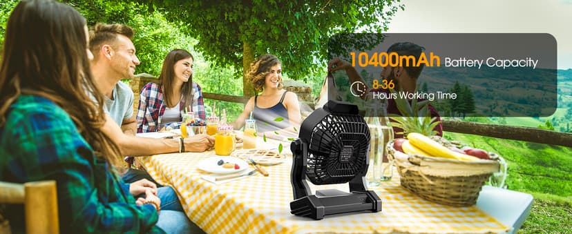 10400mAh Solar fan, Camping Fan with Solar Panel, 7W Rechargeable Solar Powered for Outside, LED Lantern, Stepless Speed and Quiet Battery Operated for Picnic, Barbecue, Fishing, Travel