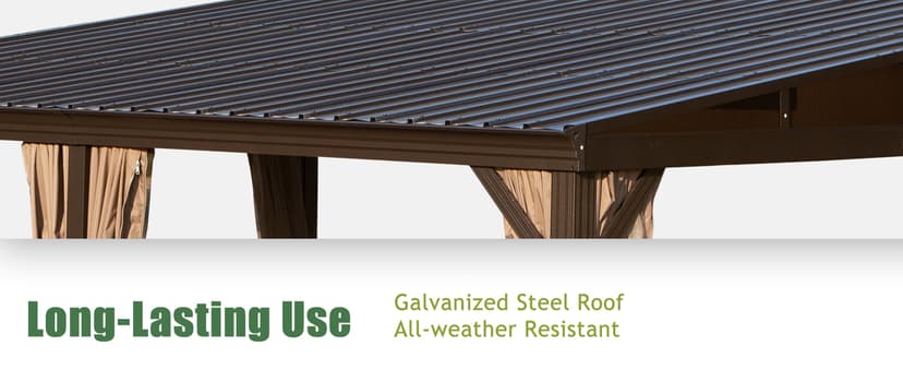 DOMI 12x16FT Lean to Gazebo, Outdoor Hardtop Wall Mounted Gazebo with Sloping Galvanized Steel Roof, Durable Aluminum Frame, Netting Curtain for Deck, Porch, Backyard