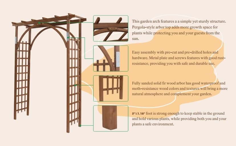 Outvita 7 Ft Wooden Garden Arbor Arch, Fir Wood Arbour Trellis, Pergola Archway for Wedding Ceremony Decoration Pergola Plant Climbing Rose Vines Lawn Courtyard Patio Dark Brown