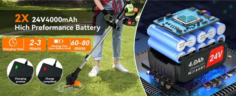 Weed Wacker Cordless,24v Electric Weed Eater Battery Powered,3 in 1 Lightweight Grass Trimmer with 2 4.0 Ah Batteries & Charger,Height Adjustable Wheeled Brush Cutte for Lawn Care,Garden,Yard (red)