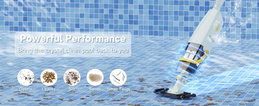 (2025 Upgraded) Cordless Handheld Pool Vacuum, Rechargeable Pool Cleaner with Telescopic Pole and Fine-Sponge, Powerful Suction, Ideal for Above & In-Ground Pools, Spas, Hot Tubs, Yellow