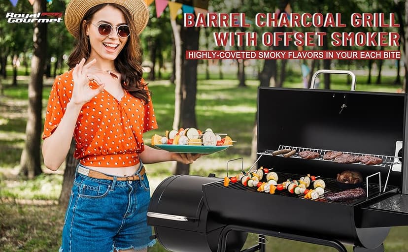 Royal Gourmet CC1830M 30 Inch Barrel Charcoal Grill with Offset Smoker & Warming Rack, Outdoor BBQ Grill with 811 Sq. In. Grilling Space for Backyard, Patio and Parties, Black