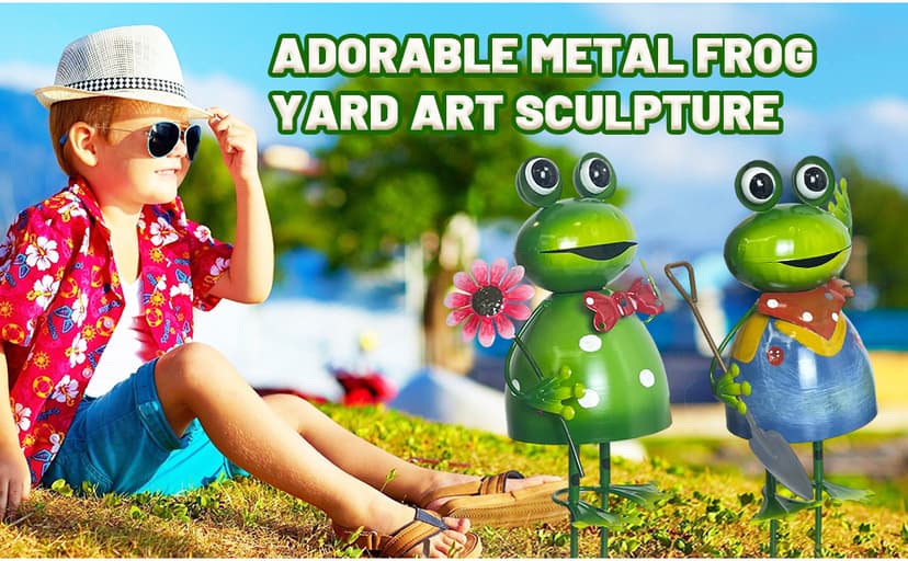HONGLAND Metal Yard Art Garden Decor for Outside - Cute Frog Outdoor Decor - 3D Spring Frogs Figurine Garden Sculptures & Statues - Gifts for Grandma Mom - 2 Pcs