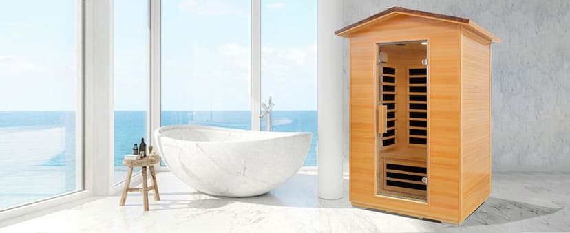 Outdoor Sauna 2 Person Far Infrared Saunas Dry Home Sauna Room Hemlock 1 to 2 Person Wood Sauna 1950W/110V Low EMF with Bluetooth Speaker, Reading Light, Cup Holder and Towel Rack - 47*39*82 IN
