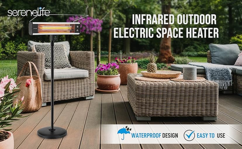SereneLife Infrared Patio Heater, Electric Patio Heater for Indoor/Outdoor Use, Portable Stand Heater with Remote Control, 1500 W, for Restaurant, Patio, Backyard, Garage, Decks (Black)